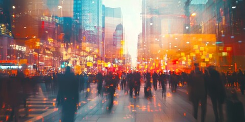 Vibrant Cityscape with Blurred Motion of People and Lights