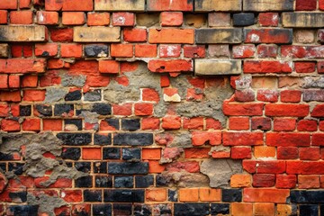 A brick wall with a black and red brick pattern