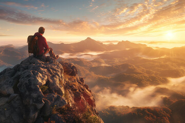 Fototapeta premium A Breathtaking Scene of a Hiker Sitting Atop a Mountain