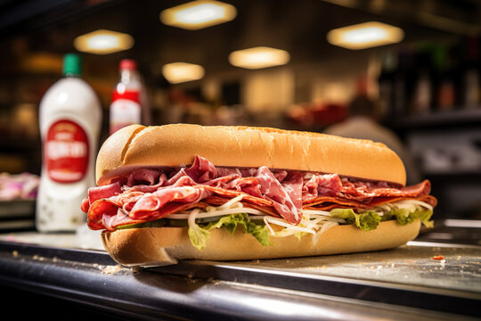 A sub sandwich with salami, cheese, lettuce, and tomatoes, cucumbers on a wooden cutting board.