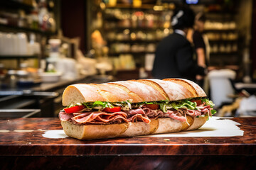 A sub sandwich with salami, cheese, lettuce, and tomatoes, cucumbers on a wooden cutting board.