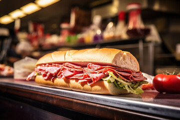 A sub sandwich with salami, cheese, lettuce, and tomatoes, cucumbers on a wooden cutting board.