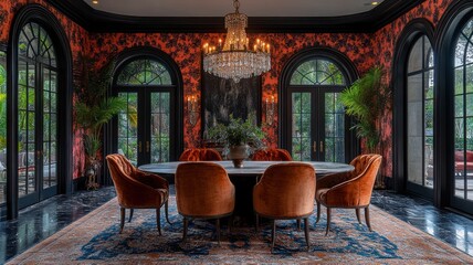 Fototapeta premium Elegant dining area with chandelier and floral wallpaper.