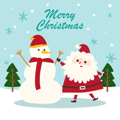 Hand-Drawn Christmas Holiday Concept illustration.Santa Claus, snowman Character.New year Greeting Card.