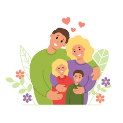 Happy loving family with children hugging isolated on white background. Couple husband and wife, daughter and son. Vector stock illustration.