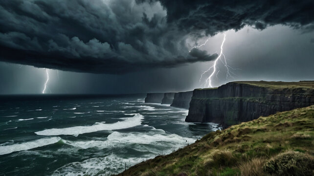 Intense storm clouds swirl ominously over towering cliffs and wind through the dramatic landscape 
