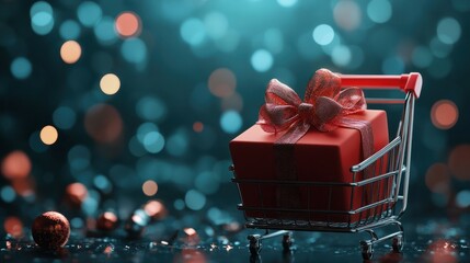 gift box with ribbon, shopping cart, black friday cyber monday
