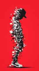 Full-length Urban Character in Streetwear Composed of Overlapping Shapes and/or Letters That Create Depth, Texture and Movement