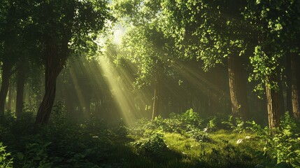 Obraz premium A tranquil forest with sunlight filtering through dense foliage