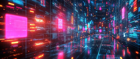 Obraz premium AI grid of shifting, glowing panels, each representing data or processes, in constant motion and transformation