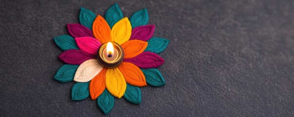 Vibrant rangoli designs illuminated by traditional oil lamps, Diwali element  rangoli  India, festivity and tradition