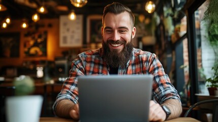 Happy Man Working on Laptop in Cozy Cafe