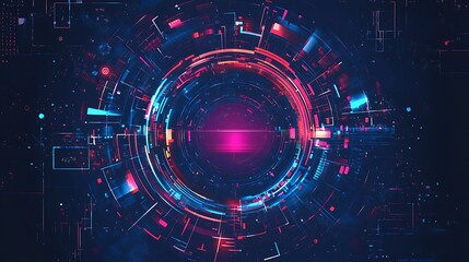 Abstract digital art of a colorful neon glowing circle with a glowing center, on a dark blue background.