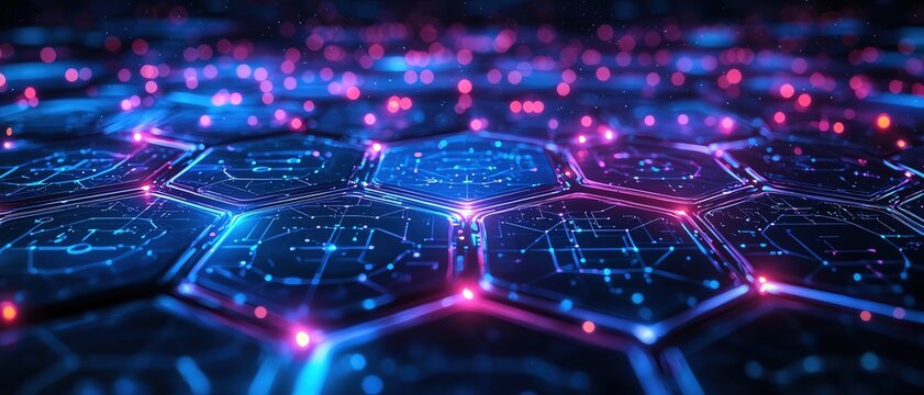Pulsating grid of glowing hexagons in deep blues and purples, representing the complexity of AI algorithms