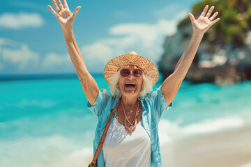 an elderly female on vacation, throwing their hands up in the air, happiness and relaxation concept