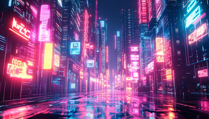 Fototapeta premium Bright, glowing neon signs in various shapes and colors, with a futuristic, cyberpunk-style backdrop