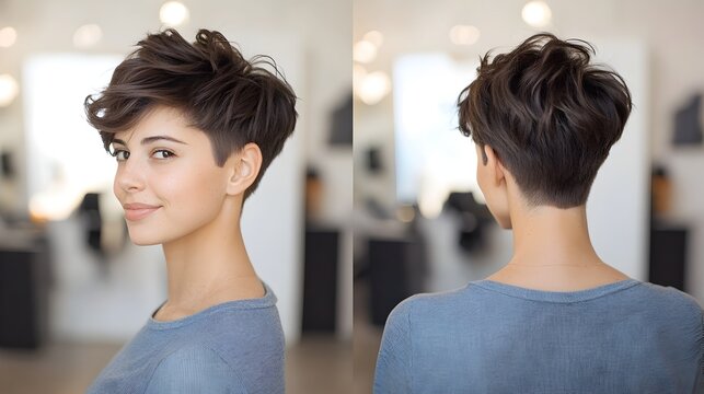 Pixie Cut Hairstyle Showcased from Front Side and Back Perspectives Highlighting the Short Layers and Textured Top