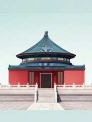 A minimalist traditional Chinese architecture, featuring a vibrant red temple with deep blue-tiled roof and ornate details