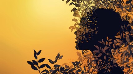 Silhouette of a Woman with Floral Elements Against a Warm Golden