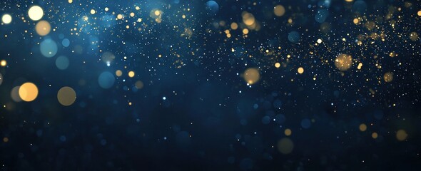 Abstract dark blue background with bokeh lights and stars. Space, galaxy, or night sky concept. Banner design. Dark blue abstract background with blurred golden glitter light effect.