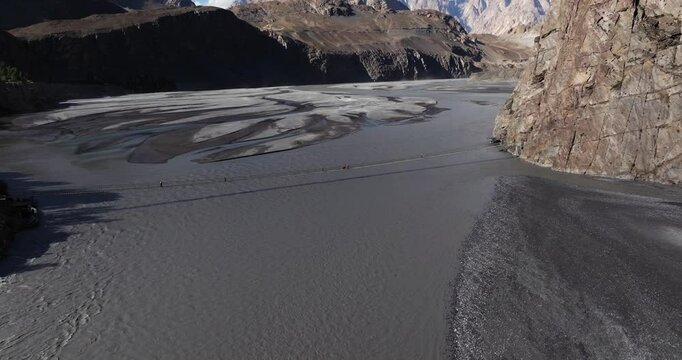 Drone Descends as People Cross Dangerous Hussaini Suspension Bridge Hunza Valley, Pakistan