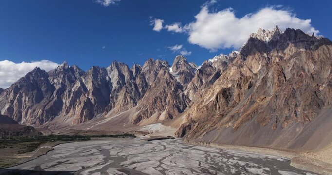 Drone Flying Away from Famous Passu Cones Mountains, Pakistan. Hunza River