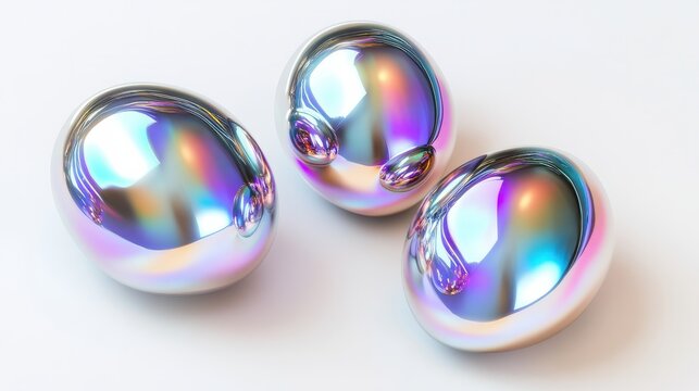 Iridescent chrome fluid bubble set isolated on white background. Render of abstract holographic metal blob with rainbow gradient effect. 3D modern geometric illustration.