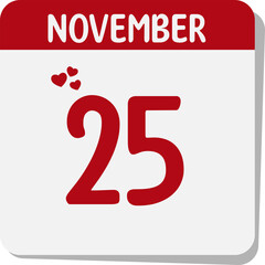 date 25 November calendar icon with red hearts and transparent background