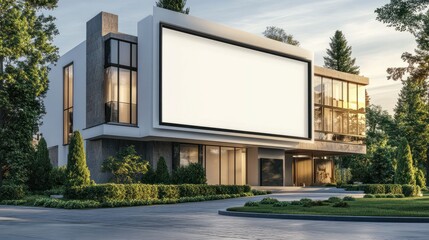 Large luxury villa with a blank banner in the foreground. Place for text on the sign in front of the villa. For sale or for rent.