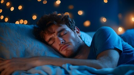 Sick man lying in bed sweating from a high fever and feeling uncomfortable as he struggles with illness pain and distress in a dark gloomy bedroom setting