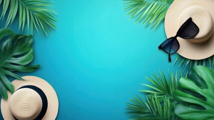 modern and stylish banner for filling with text on a marine theme, palm leaves and tropical plants, hat, glasses, sea card for promotions and sales