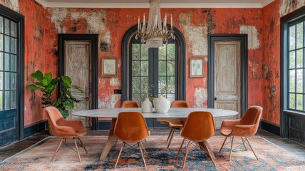 Obraz premium Modern dining room with vibrant walls and stylish furniture.