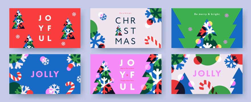 Merry Christmas holiday covers or horizontal posters, greeting cards in modern geometric overlay style for web, branding, social media advertising, promo, print. Modern Xmas layout design templates