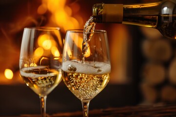 Obraz premium Pouring two glasses of white wine from a bottle with a cozy fireplace in the background and copyspace