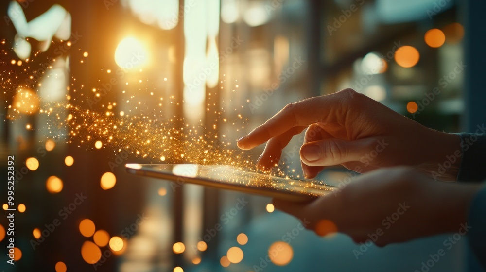 Poster a hand interacts with a tablet, surrounded by a sparkling effect in a sunlit environment.