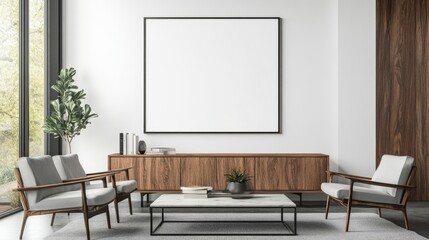 Contemporary interior with blank poster on clean white wall, sleek furniture, and wood accents. Minimalist design.
