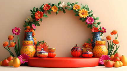 3D Cultural Symbols Podium Design: Cartoon Haft Seen Table Icons for Yalda Celebration with Copy Space on White Background