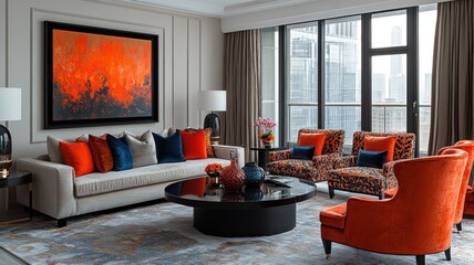 Modern living room with vibrant decor and city view.