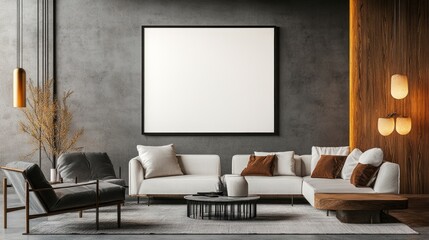 Contemporary interior with blank wall poster above sleek furniture, warm lighting, and wood accents. Modern design mock-up.