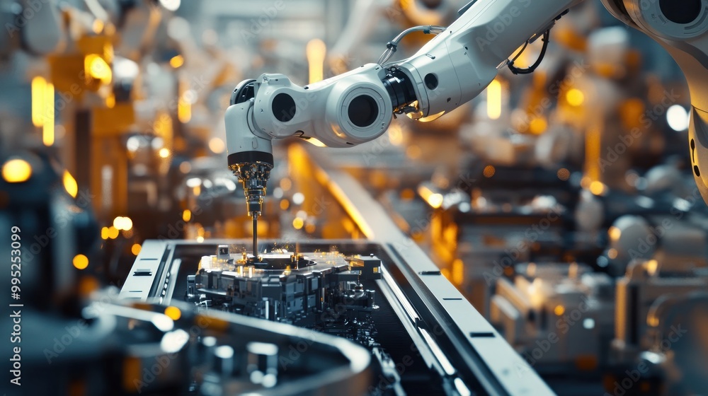 Poster a robotic arm assembling components in a high-tech industrial environment.