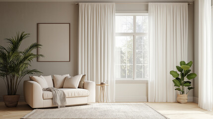 single panel white curtains and white sofa in the morning