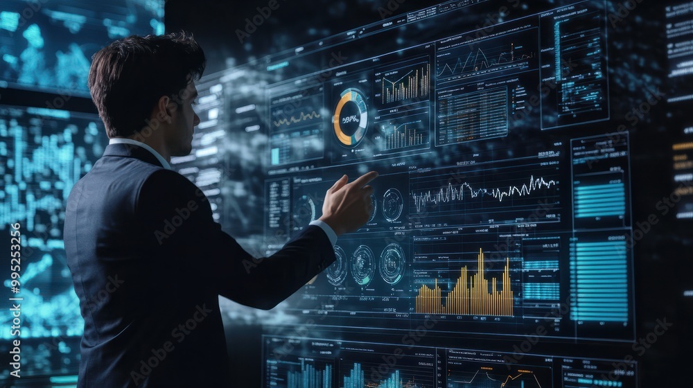 Poster person presenting and evaluating data chart - illustration created with generative ai
