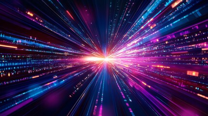 Abstract digital background with bright light streaks in blue, purple, and orange.