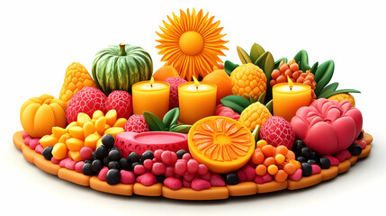3D Cartoon Style Symbolic Elements for Yalda Night: Vector Illustration of Sun Motifs and Seasonal Fruits on White Background