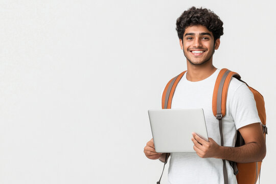 young indian student holding laptop on white background