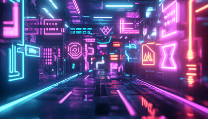 Fototapeta premium Bright, glowing neon signs in various shapes and colors, with a futuristic, cyberpunk-style backdrop