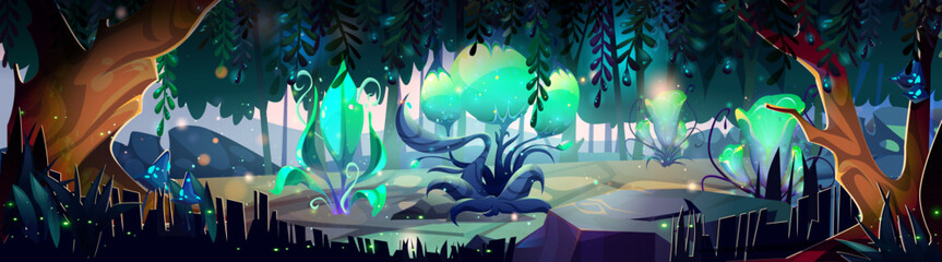 Magic forest with fantasy glowing flowers and plants. Cartoon vector illustration of alien dreamland scenery with mystic spooky creatures. Game ui level design with mysterious garden for adventure.