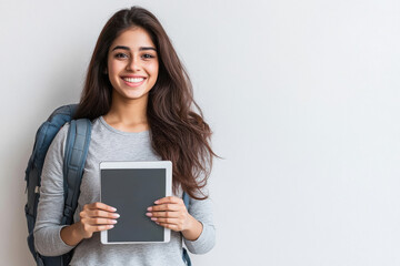 Fototapeta premium young indian female student holding tablet on white background