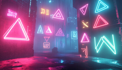 Naklejka premium Bright, glowing neon signs in various shapes and colors, with a futuristic, cyberpunk-style backdrop