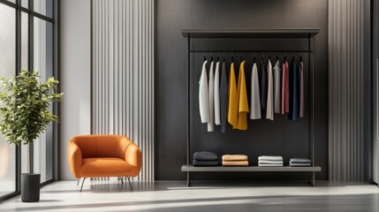 Minimalist dressing area with a stylish clothes rack featuring vibrant fashion pieces. Decor is sleek and modern, with a focus on clean lines and trendy accents.